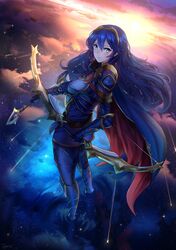  armor arrow_(projectile) blue_armor blue_cape blue_eyes blue_hair bow_(weapon) cape cloud crown female fire_emblem fire_emblem_awakening fire_emblem_heroes highres ippers long_hair looking_at_viewer lucina_(fire_emblem) lucina_(glorious_archer)_(fire_emblem) shooting_star sky star_(sky) starry_sky sunrise weapon 