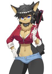  2021 anthro bandai_namco black_body black_fur black_hair blue_eyes bottomwear bra breasts brown_body brown_fur canid canine canis cleavage clothed clothing cutoffs daisy_dukes denim denim_bottomwear denim_clothing eyelashes female frown fur gloves gun guntz hair hand_on_hip handgun handwear hi_res hotpants jacket klonoa_(series) looking_at_viewer mammal midriff mtf_crossgender navel neck_tuft oppaihobby portrait ranged_weapon rule_63 shorts simple_background solo three-quarter_portrait topwear tuft underwear weapon white_background wolf zipper zipper_topwear 