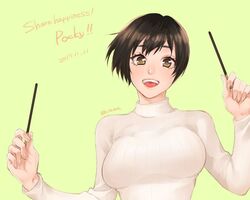  2017 alternate_costume amanai_kanoka aotama arms_up black_hair breasts eyebrows eyelashes female food grin haikyuu!! happy holding holding_food large_breasts looking_at_viewer pocky short_hair simple_background smile solo sweater upper_body white_sweater wide-eyed 