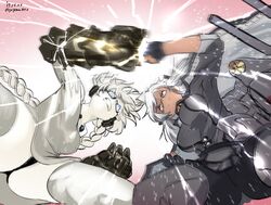  2girls abyssal_ship battle black_gloves black_panties braid breasts cape clenched_teeth closed_mouth colored_skin dark-skinned_female dark_skin dated duel fist_fight from_below gauntlets gegeron glasses gloves glowing glowing_eyes hand_to_hand headgear headphones highres kantai_collection large_breasts long_hair multiple_girls musashi_(kancolle) musashi_kai_ni_(kancolle) one-hour_drawing_challenge pale_skin panties partially_fingerless_gloves power_fist punching rigging single_braid supply_depot_princess teeth thighhighs twitter_username underwear white_hair white_legwear white_skin 