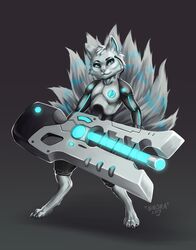  2019 9_tails absurd_res ambiguous_gender anthro armor barefoot biped canid canine cannon clothed clothing cybernetics cyberpunk digital_media_(artwork) etis feet fox fur hi_res holding_object holding_weapon looking_at_viewer machine mammal markings multi_tail ninora ranged_weapon simple_background smile solo standing tail weapon white_body white_fur 