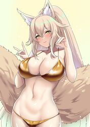  animal_ears bikini blonde_hair blush breasts cleavage commentary commission double_fox_shadow_puppet female fox_ears fox_girl fox_shadow_puppet fox_tail gold_bikini highres kitsune large_breasts long_hair looking_at_viewer multiple_tails navel nose_blush original ponytail second-party_source skeb_commission smile solo stomach string_bikini swimsuit tail very_long_hair yellow_background yellow_bikini yellow_eyes yuu_sagi 