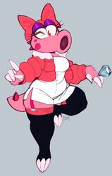  anthro birdo birdo_(character) bow_ribbon clothed clothing eyeshadow female hi_res jacket legwear makeup mario_bros mascara nintendo on_one_leg one_eye_closed ring siphon_(anatomy) solo standing thick_thighs thigh_highs topwear wink 