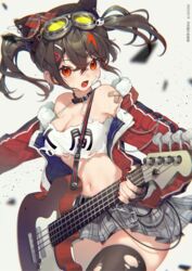  bandaid bandaid_on_shoulder bandeau bare_shoulders black_choker black_hair black_thighhighs breasts camisole character_request choker cleavage clothes_writing copyright_request electric_guitar female goggles goggles_on_head grey_background grey_skirt guitar hair_between_eyes hair_ornament hairclip highres holding holding_instrument instrument jacket long_hair long_sleeves looking_at_viewer miniskirt moriyama_meiko nail_polish off_shoulder open_clothes open_jacket open_mouth plaid plaid_skirt pleated_skirt red_eyes red_jacket red_nails skirt solo thighhighs twintails 