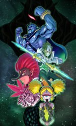  2girls 6+boys abs absurdres antennae arm_behind_back armpits bare_shoulders bindi black_mask blank_eyes blonde_hair blue_cape blue_eyes blue_skin bodypaint bodysuit cape closed_mouth cobra_(animal) colored_skin commentary cropped_torso cyclops dark_pen darknest elbow_gloves energy_sword evil_grin evil_smile eyelashes eyeshadow eyewon_(precure) facepaint fangs from_side fur_trim garuouga_(precure) gloves glowing glowing_eyes green_bodysuit green_hair green_sky grin hairband half-closed_eyes highres itou_shin&#039;ichi kappa kappard_(precure) lipstick looking_at_viewer makeup mask milky_way multiple_boys multiple_girls muscular muscular_male no no_pupils notray_(precure) one-eyed oni open_mouth pink_eyeshadow pink_hairband pink_skin pointy_ears portrait precure purple_eyes red_eyes red_hair red_lips red_pupils red_skin sideways_glance sky smile spacesuit star_(sky) star_twinkle_precure starry_sky striped_clothes striped_gloves sunglasses sword tengu_mask tenjou_(precure) tinted_eyewear toned toned_male topless_male weapon x_arms yellow-tinted_eyewear yellow_eyes yellow_lips 