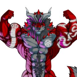  1:1 abaddonstrife abs alpha_channel anthro arm_tattoo big_muscles black_sclera canid canine canis chest_tattoo demon demonic firezol flexing flexing_bicep flexing_both_biceps flexing_muscles fluffy horn hybrid looking_at_viewer maine male mammal muscular muscular_male occult_symbol pecs pentagram red_body red_eyes smile smiling_at_viewer solo strife symbol tattoo wolf 