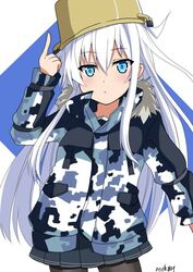  black_pantyhose blue_eyes blush bucket bucket_on_head camouflage camouflage_jacket female flat_cap hair_between_eyes hair_ornament hat hibiki_(kancolle) hinase_(jet_hearts) jacket kantai_collection long_hair long_sleeves looking_at_viewer object_on_head one-hour_drawing_challenge open_mouth pantyhose pleated_skirt skirt solo two-tone_background verniy_(kancolle) verniy_(saury_festival)_(kancolle) white_hair 