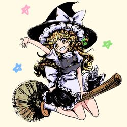  apron black_dress black_headwear blonde_hair bow braid broom broom_riding buttons dress female flying green_bow happy hat highres kirisame_marisa long_hair numenoko simple_background smile star_(symbol) teeth touhou witch_hat yellow_background yellow_eyes 