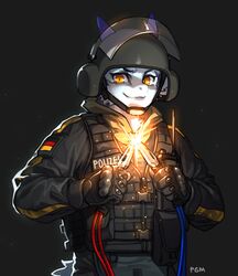  2021 anthro armor bandit_(rainbow_six) blue_byte_(game_developer) bulletproof_vest bundespolizei clothing digital_media_(artwork) dragon eyelashes fur furred_dragon furred_scalie german german_flag gloves gsg9 handwear headgear helmet hi_res horn jumper_cable looking_at_viewer male mythological_creature mythological_scalie mythology orange_eyes pgm300 rainbow_six rainbow_six:_siege scalie shaded solo tom_clancy&#039;s_(series) ubisoft wire 