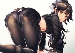  absurdres all_fours animal_ears ass azur_lane black_hair black_serafuku black_skirt blush bow breasts brown_pantyhose closed_mouth collarbone commentary crop_top crop_top_overhang crotch_seam dog_ears female from_behind grey_background hair_ears hair_flaps hairband highres kitazume_kumie large_breasts light_particles long_hair long_sleeves looking_at_viewer looking_back midriff miniskirt navel neckerchief no_bra no_shoes official_alternate_costume panties panties_under_pantyhose pantyhose pleated_skirt ponytail reflection school_uniform serafuku shiny_skin sidelocks simple_background skirt soles solo takao_(azur_lane) takao_(school_romanza)_(azur_lane) thighband_pantyhose thighs underboob underwear very_long_hair white_bow white_hairband white_neckerchief white_panties yellow_eyes 