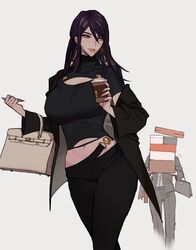  1boy absurdres bag belt breasts commentary crop_top earrings english_commentary ennuigrl erato_(ennuigirl) female grey_background handbag highres jewelry large_breasts light_smile lips long_hair midriff navel original purple_hair red_eyes solo_focus 