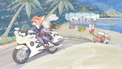  bovid bridge canid canine caprine clothing disney driving fox fur green_eyes grey_body grey_fur group hb_runo hi_res holding_object holding_weapon inner_ear_fluff judy_hopps lagomorph leporid mammal motorcycle nick_wilde orange_body orange_fur outside palm_tree plant police police_uniform purple_eyes rabbit red_fox sheep sign sky smile toeless_legwear tree truck_(vehicle) true_fox tuft uniform vehicle water weapon zootopia 