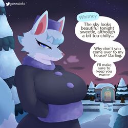  1:1 2021 absurd_res animal_crossing anthro arm_in_front arm_under_breasts bedroom_eyes bent_arm big_breasts blue_body blue_eyes blue_fur blue_hair breasts canid canine canis clothing coat conjoined_speech_bubble curvy_figure detailed_background dialogue digital_media_(artwork) english_text eyelashes female fur gammainks hair hat header header_box headgear headwear hi_res huge_breasts looking_at_viewer mammal multicolored_body multicolored_fur multicolored_hair narrowed_eyes nintendo outside seductive smile snow solo speech_bubble standing talking_to_viewer teeth text topwear turquoise_hair two_tone_body two_tone_fur two_tone_hair voluptuous white_body white_fur whitney_(animal_crossing) winter wolf 