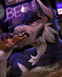  absurd_res bar canid canid_demon canine clipped_ear demon eating food hellhound hi_res icon male mammal mythological_canine mythological_creature mythology osiris_callisto pizza solo zavlekat 