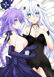  2girls aqua_eyes azur_lane bare_shoulders black_dress black_gloves black_heart_(goddesses&#039;_smile) black_heart_(neptunia) blue_eyes braid breasts cleavage commission detached_collar dress elbow_gloves gloves hair_between_eyes hair_flaps hair_ornament highres jewelry kagura_ittou large_breasts long_hair looking_at_viewer medium_breasts multiple_girls navel neptune_(series) power_symbol power_symbol-shaped_pupils purple_hair purple_heart_(goddesses&#039;_promise) purple_heart_(neptunia) side_slit skeb_commission smile strapless strapless_dress symbol-shaped_pupils twin_braids very_long_hair white_hair 