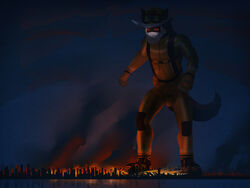  2021 4:3 anthro armor boots bottomwear canid canine canis city clothing dakota_(rockwolf) domestic_dog fire firefighter firefighter_boots firefighter_helmet firefighter_uniform footwear headgear helmet helpful hi_res landscape_dwarfing macro mammal night pants plantigrade sea shoes tail thb886 uniform visor water wolf 