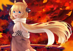  absurdres arms_behind_back autumn_leaves azur_lane bare_shoulders blonde_hair blue_eyes breasts brown_coat coat coat_dress ebichiri_sunday enpera female hair_ornament hairclip highres laurel_crown leaf long_hair looking_at_viewer maple_leaf off_shoulder official_alternate_costume open_mouth purple_sweater ribbed_sweater scarf sleeveless sleeveless_sweater smile solo sweater sweater_vest upper_body very_long_hair victorious_(azur_lane) victorious_(the_goddess&#039;_day_off)_(azur_lane) white_scarf 