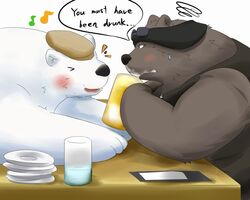  2014 5:4 anthro bear blush brown_body brown_fur closed_eyes duo english_text fur grizzly_(shirokuma_cafe) male mammal polar_bear shimesaba551 shirokuma shirokuma_cafe text ursine white_body white_fur 