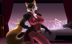  anthro bed bedroom canid canine canis city city_background cityscape clothing curtains curtains_open female furniture gloves handwear ilp0 legend_of_ahya mammal mask murana_wolford_(darkflame-wolf) night pillow skyline solo suit vigilante window wolf 