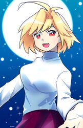  ahoge arcueid_brunestud blonde_hair blush breasts dress female hair_intakes highres large_breasts long_skirt long_sleeves lyn_(shunao) melty_blood moon open_mouth protected_link purple_skirt red_eyes short_hair skirt sky smile solo sweater tsukihime turtleneck vampire 