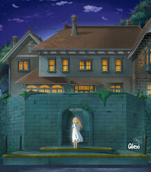  absurdres alexi_ansell artist_name blonde_hair blue_eyes cloud commentary dated dock dress female highres house long_hair looking_at_viewer marnie_(omoide_no_marnie) night omoide_no_marnie photoshop_(medium) sky solo standing star_(sky) starry_sky studio_ghibli water white_dress 