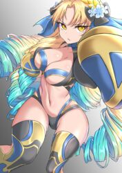  astraea_(fate) astraea_(festival_outfit)_(fate) black_panties blonde_hair blue_hair blue_ribbon boxing boxing_gloves breasts cleavage coyomin drill_hair fate/grand_order fate_(series) female flower gold_trim gradient_hair hair_flower hair_ornament hair_ribbon highres large_breasts long_hair looking_at_viewer multicolored_hair navel panties parted_bangs quad_drills ribbon solo sports_bra thighhighs thighs underwear very_long_hair yellow_eyes 