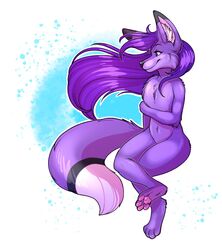  anthro blue_eyes canid canine digital_media_(artwork) ember_(disambiguation) emberfox female fennec_fox fox fur hair hi_res mammal paws peejay purple_body purple_fur purple_hair smile solo true_fox 