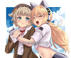  2girls absurdres alte_27 animal_ears betty_(neural_cloud) blonde_hair blue_eyes blush brown_jacket cat_ears closed_eyes commentary commission english_commentary fake_animal_ears girls&#039;_frontline girls&#039;_frontline_neural_cloud hair_ornament highres hug idw_(girls&#039;_frontline) jacket jessie_(neural_cloud) light_brown_hair long_hair m1897_(girls&#039;_frontline) midriff multiple_girls navel oerba_yun_fang open_mouth shirt short_hair skin_fang sky smile upper_body white_shirt 