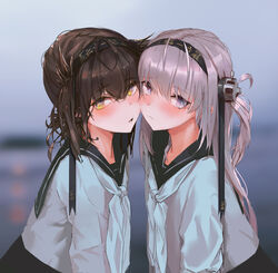  2girls alternate_costume black_headband black_sailor_collar black_skirt blurry blurry_background blush brown_hair cheek-to-cheek clothes_writing depth_of_field grey_eyes grey_hair hachimaki hair_flaps hatsuzuki_(kancolle) headband heads_together highres kantai_collection long_hair long_sleeves looking_at_viewer multiple_girls neckerchief one_side_up photoshop_(medium) sailor_collar school_uniform serafuku short_hair skirt suzutsuki_(kancolle) tifg39 upper_body white_neckerchief yellow_eyes 