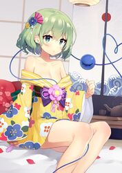  2020 absurdres bare_shoulders blush breasts closed_mouth commentary_request cy6n dated_commentary expressionless eyeball female green_eyes green_hair hair_ornament heart heart_of_string highres indoors japanese_clothes kimono komeiji_koishi long_sleeves looking_at_viewer off_shoulder second-party_source short_hair sitting small_breasts solo third_eye touhou wavy_hair wide_sleeves yukata 