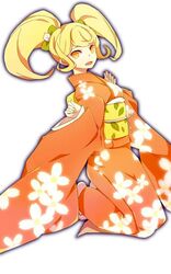  blonde_hair bookcage commentary_request danganronpa_(series) danganronpa_2:_goodbye_despair female hair_ribbon japanese_clothes kimono long_hair open_mouth orange_eyes orange_kimono ribbon saionji_hiyoko solo twintails 