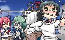  3girls ahoge angry apron aqua_eyes aqua_hair bare_shoulders black_ribbon blouse blue_necktie blue_skirt blush breasts brown_necktie cellphone chibi clenched_hand closed_eyes commentary day detached_sleeves futon_tataki green_hair hair_between_eyes hair_ribbon hamu_koutarou highres i-168_(kancolle) irako_(kancolle) kantai_collection kappougi long_hair medium_breasts multiple_girls necktie open_mouth outdoors phone pink_hair pink_shirt pleated_skirt ponytail ribbon rug_beater school_uniform serafuku shirt skirt sky smartphone sweatdrop swimsuit swimsuit_under_clothes translated very_long_hair yamakaze_(kancolle) yellow_eyes 