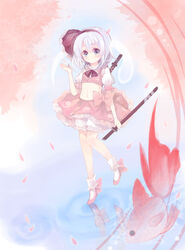  adapted_costume alternate_color bloomers blue_eyes bobby_socks cherry_blossoms commentary crop_top dress female fish ghost goldfish hairband halterneck highres konatsu_miyu konpaku_youmu midriff navel reflection scabbard sheath shoes short_hair socks solo standing sword touhou underwear water weapon white_hair 