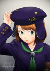  arm_up bad_id bad_pixiv_id brown_hair cojibou cuff_links female green_eyes hand_on_headwear hat looking_at_viewer minamimi-san open_mouth original photoshop_(medium) short_hair solo 