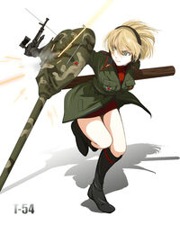  blonde_hair blue_eyes boots breasts cannon character_name commentary_request epaulettes female gun headphones jacket large_breasts log machine_gun military military_uniform original personification pre3445 radio_antenna ricocheting shield skirt solo t-54_(personification) uniform weapon world_of_tanks 