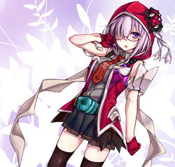  :o alternate_costume arm_up armlet belt black-framed_eyewear black_skirt black_thighhighs blush collared_shirt commentary_request cosplay cowboy_shot dutch_angle fate/grand_order fate_(series) female glasses gloves grey_shirt hair_over_one_eye hood hooded_jacket jacket kamen_rider kamen_rider_ghost_(series) leaf leaf_background looking_at_viewer marie_antoinette_(fate) marie_antoinette_(fate)_(cosplay) mash_kyrielight narumiya_(empty_cafe) necktie open_clothes open_vest parted_lips pink_hair pleated_skirt purple_eyes red_gloves red_necktie red_vest semi-rimless_eyewear shirt short_hair simple_background skirt sleeveless solo standing thighhighs under-rim_eyewear veins vest zettai_ryouiki 