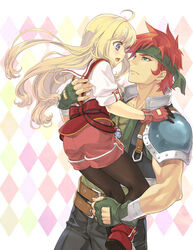  1boy agate_crosner ahoge argyle_background belt black_legwear blonde_hair blue_eyes carrying commentary_request couple eiyuu_densetsu eye_contact female fingerless_gloves gloves green_eyes green_gloves headband isa_(peien516) long_hair looking_at_another messy_hair pantyhose pantyhose_under_shorts photoshop_(medium) pink_gloves pink_shorts red_footwear red_hair shirt shoes shorts shoulder_pads smile sora_no_kiseki straight tita_russell 