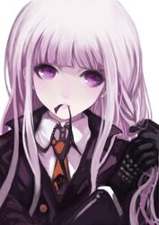  adjusting_hair braid chiko_(d04099) commentary_request danganronpa:_trigger_happy_havoc danganronpa_(series) female gloves kirigiri_kyoko long_hair mouth_hold necktie purple_eyes purple_hair ribbon ribbon_in_mouth solo tying_hair 