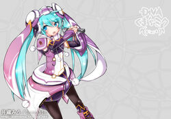  aqua_eyes aqua_hair commentary_request detached_sleeves female fonewearl_style_(module) hatsune_miku highres izane long_hair microphone open_mouth pantyhose phantasy_star phantasy_star_online_2 photoshop_(medium) project_diva_(series) project_diva_f skirt solo twintails very_long_hair vocaloid wiola_magica 