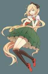  blonde_hair bookcage bow braid commentary_request cup danganronpa_(series) danganronpa_2:_goodbye_despair dress female green_eyes hair_ribbon hairbow kneehighs long_hair open_mouth over-kneehighs ponytail puffy_sleeves ribbon socks solo sonia_nevermind tea teacup thighhighs very_long_hair 