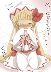  allergy blonde_hair blush bow closed_eyes commentary crying dress female gaoo_(frpjx283) hairbow hat hay_fever highres irony lily_white long_hair runny_nose sitting snot solo tears touhou translated very_long_hair wide_sleeves wings 