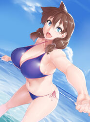  :d amano_megumi amano_megumi_wa_suki_darake! bikini blue_bikini breasts brown_hair cloud commentary_request day female hand_grab henkuma highres large_breasts long_hair looking_at_viewer navel oerba_yun_fang open_mouth outdoors side-tie_bikini_bottom sky smile solo_focus standing swimsuit thighs water 