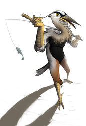  2011 4_toes 5_fingers absurd_res ambiguous_gender anisodactyl anthro anthro_focus avian avian_feet beak bird black_body black_feathers bombird duo feathers featureless_crotch feet feral fingers fish fishing_rod great_blue_heron great_heron henri_(bombird) heron hi_res holding_object marine multicolored_body multicolored_feathers navel nude open_beak open_mouth pelecaniform predator/prey red_tongue scuted_arms scutes simple_background solo_focus tail tail_feathers toes tongue white_background white_body white_feathers yellow_beak yellow_sclera 