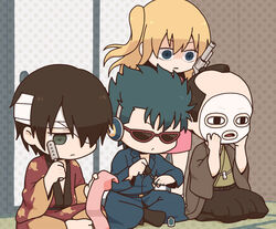  3boys applying_manicure bad_id bad_pixiv_id bald bandage_over_one_eye bandages black_pants blue_eyes blue_hair blue_nails blue_pants blue_shirt brown_hair brown_jacket brown_shirt character_request chibi commentary_request female gintama gun hair_between_eyes hair_over_one_eye handgun headphones indian_style jacket japanese_clothes kawakami_bansai kijima_matako kimono mask multiple_boys nail_polish nila open_clothes open_jacket open_mouth painting_fingernails pants red_kimono revolver seiza shaded_face shirt short_hair side_ponytail sitting sunglasses takasugi_shinsuke takechi_henpeita tatami weapon white_mask yukata 