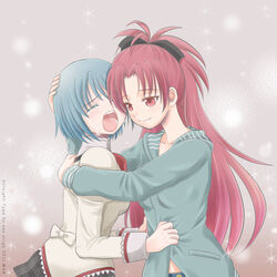  2girls ariga_nao blue_eyes blue_hair closed_eyes commentary_request hug long_hair mahou_shoujo_madoka_magica mahou_shoujo_madoka_magica_(anime) md5_mismatch miki_sayaka mitakihara_school_uniform multiple_girls open_mouth ponytail red_eyes red_hair sakura_kyoko school_uniform short_hair smile tears 