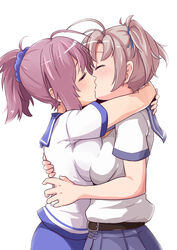  2girls ahoge antenna_hair aoba_(kancolle) belt blue_scrunchie blush breast_press breasts closed_eyes commentary_request hair_tie heart_ahoge_duo kakiha_makoto kantai_collection kinugasa_(kancolle) kissing multiple_girls neckerchief pink_hair pleated_skirt ponytail remodel_(kantai_collection) school_uniform scrunchie serafuku side_ponytail simple_background skirt symmetrical_docking white_background yuri 