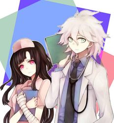  1boy blue_eyes bookcage clipboard commentary_request danganronpa_(series) danganronpa_2:_goodbye_despair doctor female komaeda_nagito lab_coat long_hair mole mole_under_eye nurse purple_hair stethoscope tsumiki_mikan white_hair 