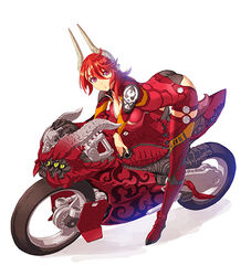  ass ass_cutout bent_over black_panties bodysuit boots breasts cleavage clothing_cutout demon_girl female horns lowres medium_breasts motor_vehicle motorcycle nishii_(damnedrive) official_art panties pointy_ears purple_eyes red_hair satan_(the_seven_deadly_sins) solo the_seven_deadly_sins thigh_boots thighhighs trefoil underwear 