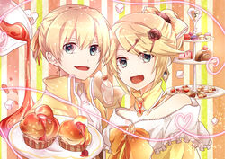  1boy aku_no_meshitsukai_(vocaloid) aku_no_musume_(vocaloid) allen_avadonia bad_id bad_pixiv_id bare_shoulders blonde_hair blue_eyes bottle bow brioche brother_and_sister cake candy check_commentary checkerboard_cookie choker commentary_request cookie dress earrings evillious_nendaiki female flower food frilled_dress frills hair_ornament hair_ribbon hairbow hairclip heart heart_of_string jacket jewelry kagamine_len kagamine_rin macaron muffin pastry princess ribbon riliane_lucifen_d&#039;autriche rose short_hair short_ponytail siblings smile striped striped_background sugar_cube swiss_roll syrup tiered_tray tray twins updo vocaloid yellow_dress yellow_jacket yuken_52 