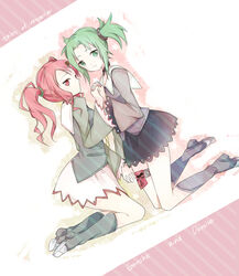  2girls bad_id bad_pixiv_id boots character_name choker copyright_name droite_(tales) dutch_angle full_body gauche_(tales) green_eyes green_hair holding_hands interlocked_fingers knee_boots kneeling minmii_(minmi078) multiple_girls red_eyes red_hair short_hair skirt smile tales_of_(series) tales_of_vesperia twintails 